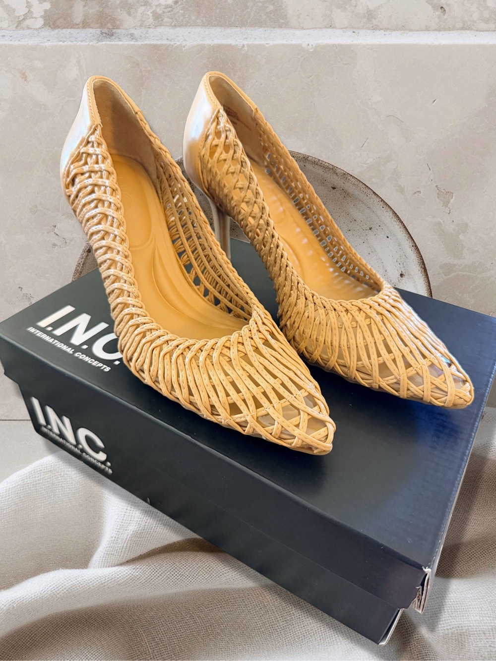 INC International Concepts Honey Tan Woven Pointed-Toe Flats
